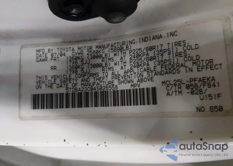 2004 Toyota Sienna Le z USA, uszkodzony, nr VIN 5TDBA23C04S026558